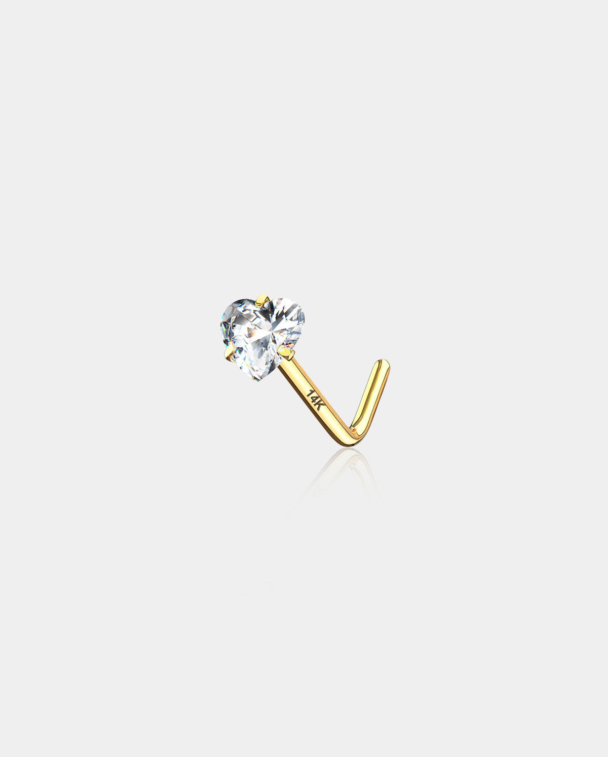 14K Gold Heart CZ L-Shape Nose Stud