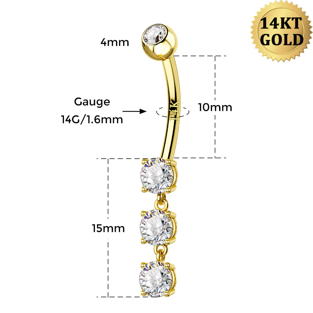 14K Gold Dangle Round CZ Belly Ring