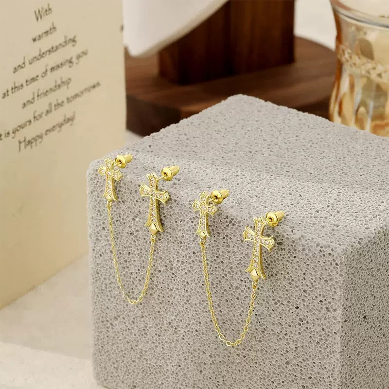 2PCS Vintage Double Cross Chain Earrings