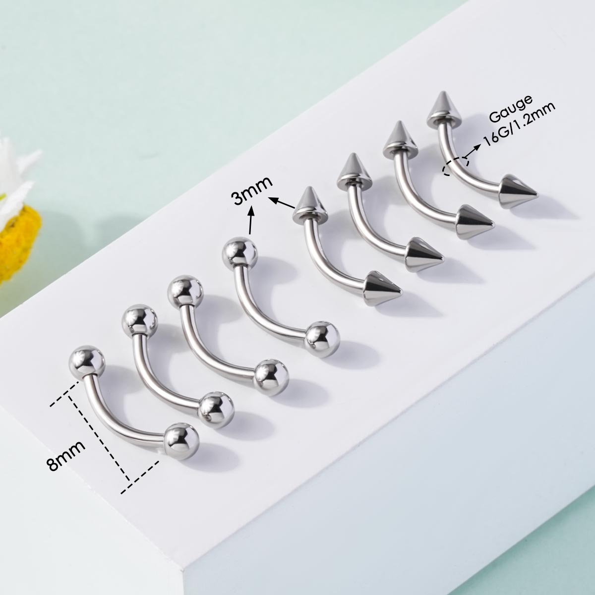 8PCS Balls Spikes Eyebrow Ring Rook Set