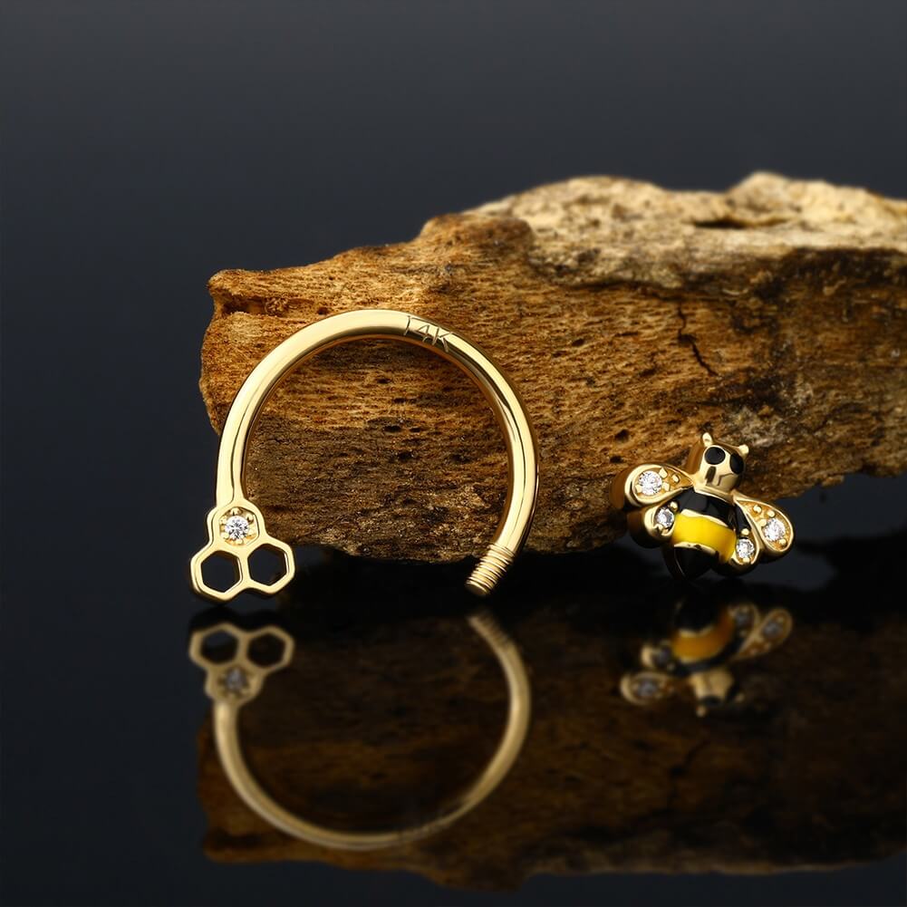 14K Gold Honeybee Horseshoe Septum Ring