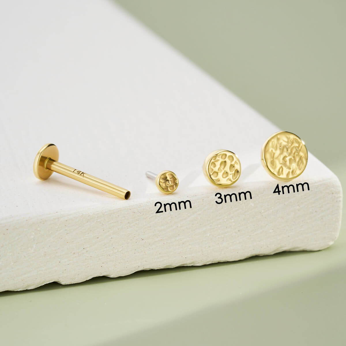 14K Gold Hammered Disc Threadless Cartilage Stud