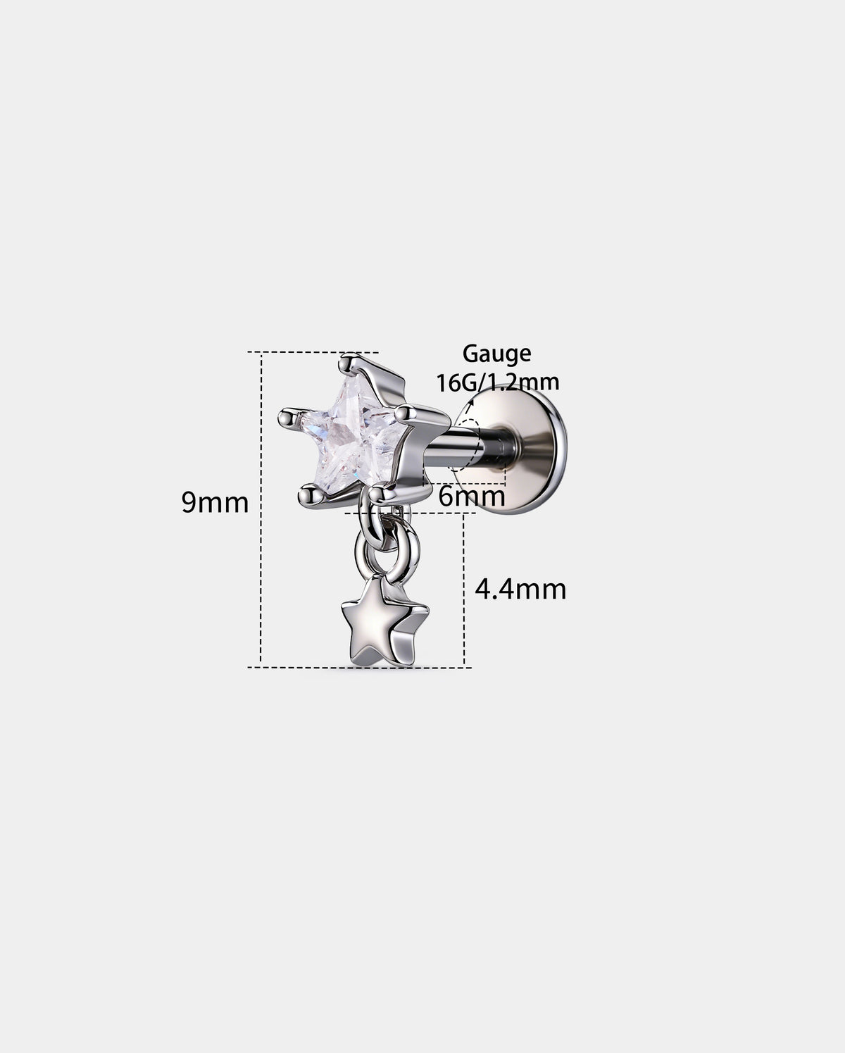 OUFER Star CZ Dangle Internally Threaded Cartilage Stud