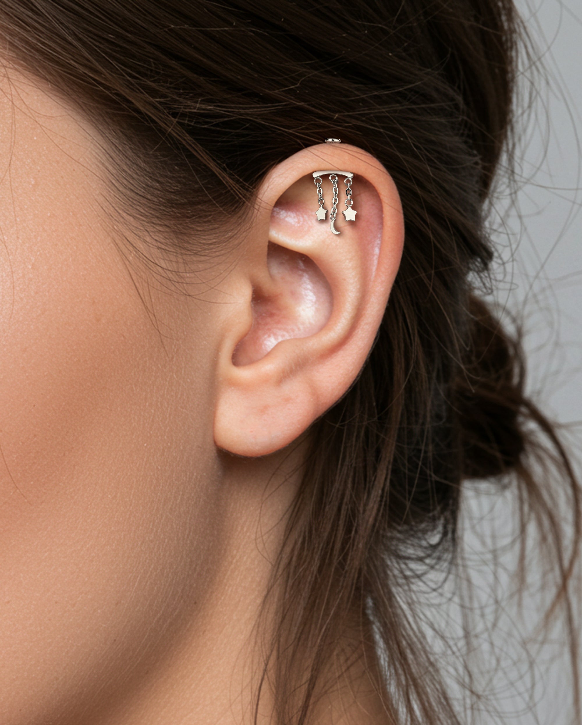 Star & Moon Chain Threadless Vertical Helix Stud