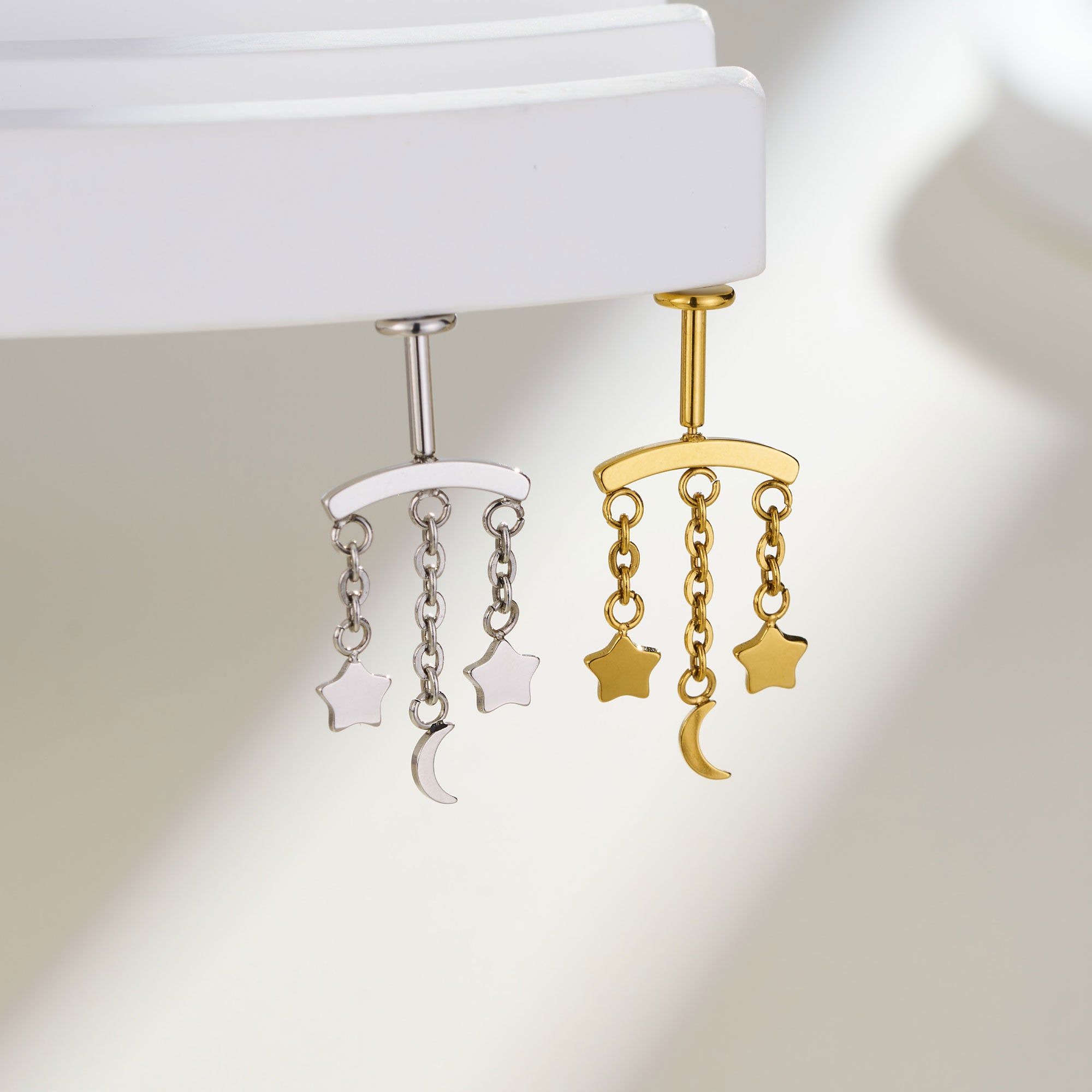 Star & Moon Chain Threadless Vertical Helix Stud