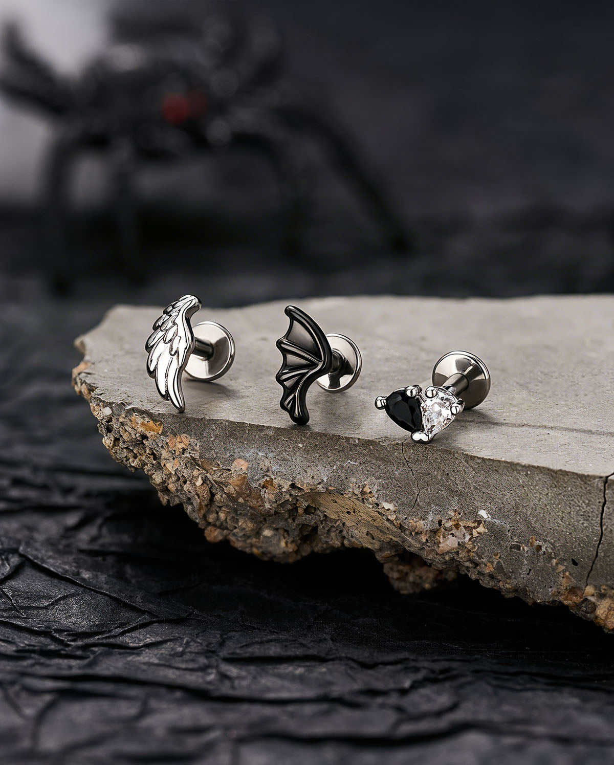 3PCS Angel & Devil Wing Heart CZ Internally Threaded Cartilage Stud Set