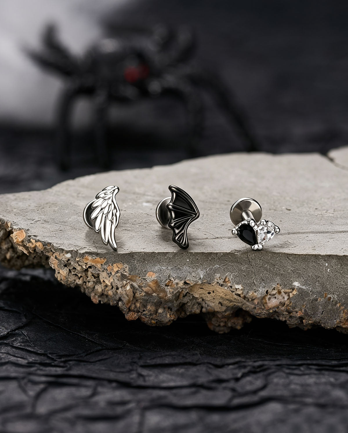 3PCS Angel & Devil Wing Heart CZ Internally Threaded Cartilage Stud Set
