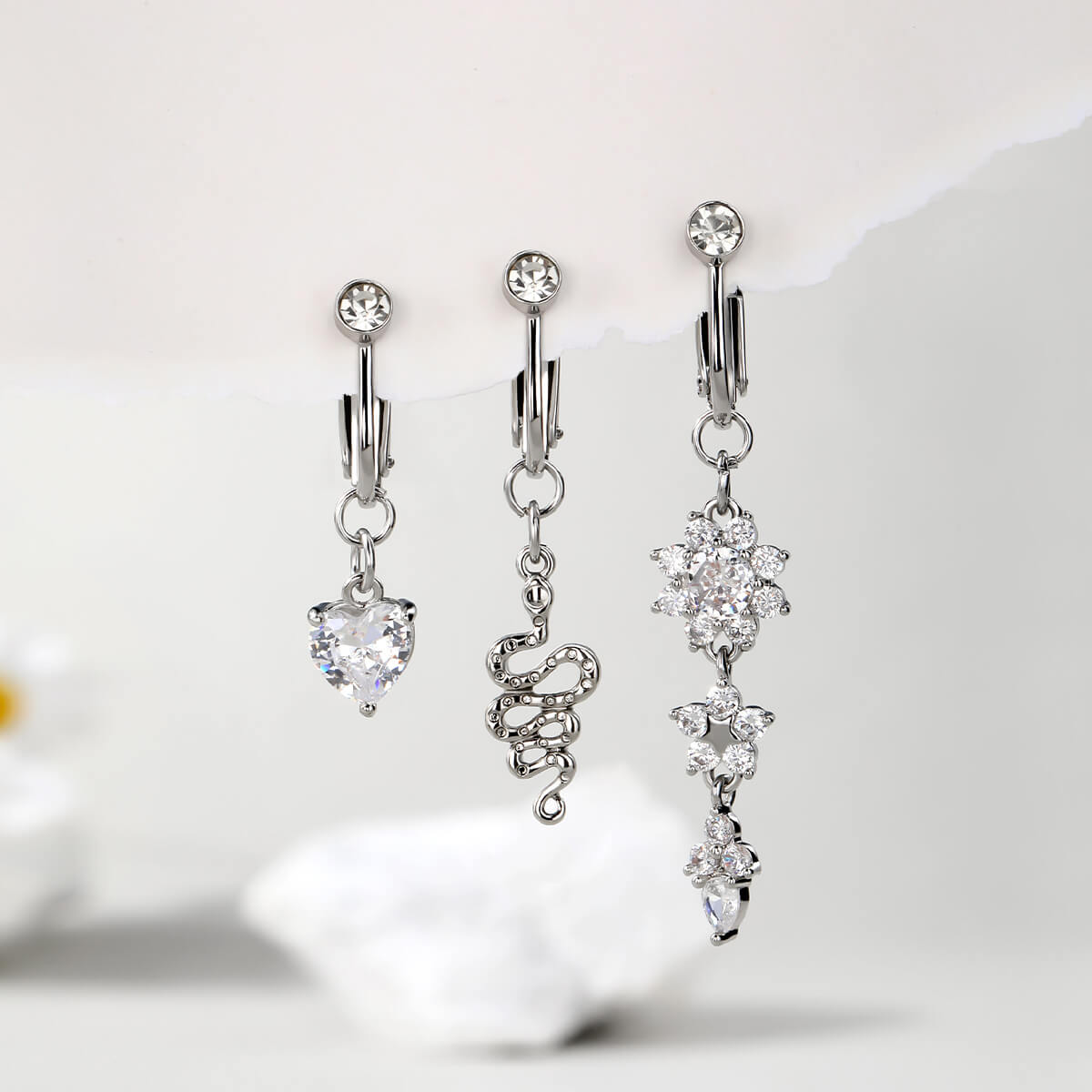 3PCS Heart Flower Snake Dangle Fake Belly Ring