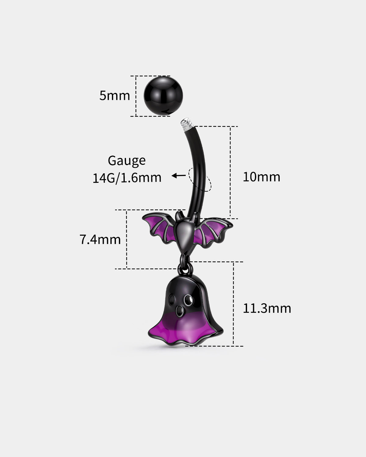 14g Purple Bat Ghost Dangle Belly Button Ring