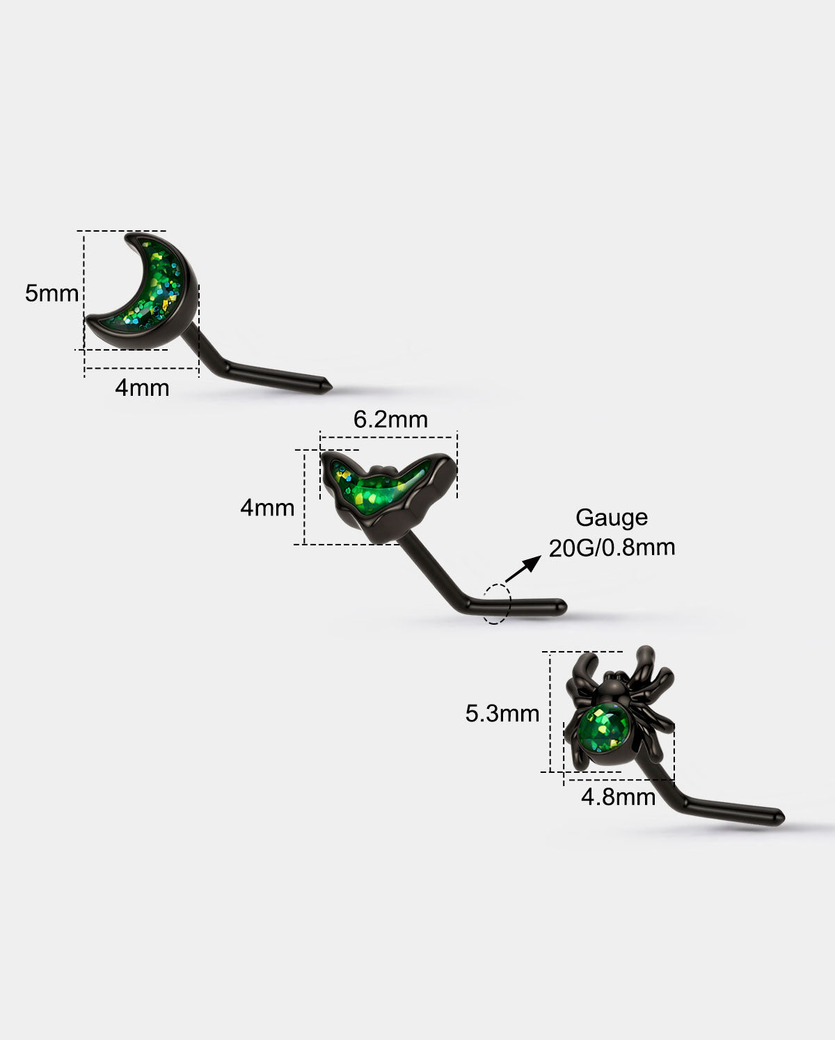 20g Moon Bat Spider Glitter Nose Stud Set