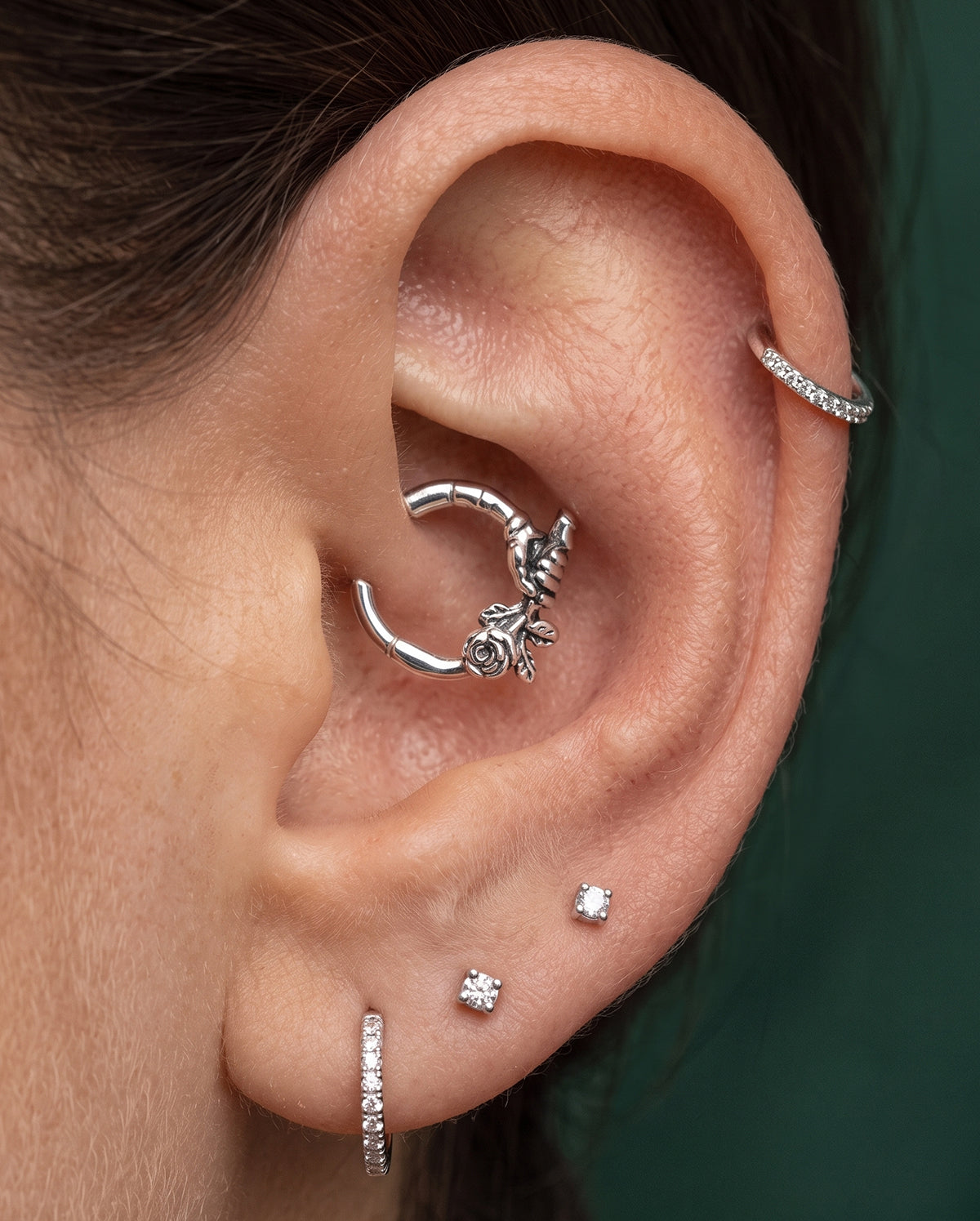 Skull Hand Rose daith piercing ring