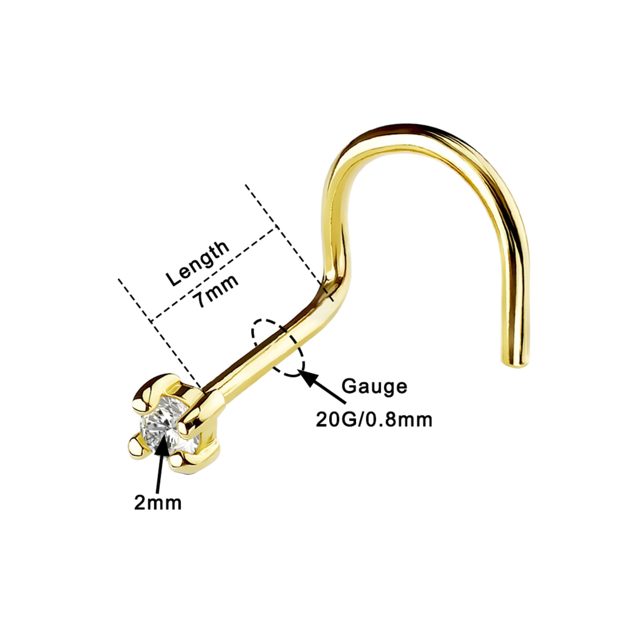 20G CZ 14K Real Gold Screw Nose Stud - OUFER BODY JEWELRY