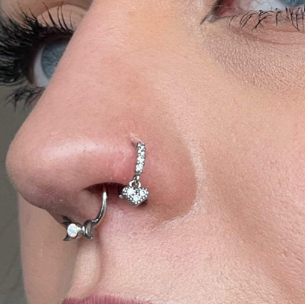 20G Shiny Heart CZ Dangle Nose Ring