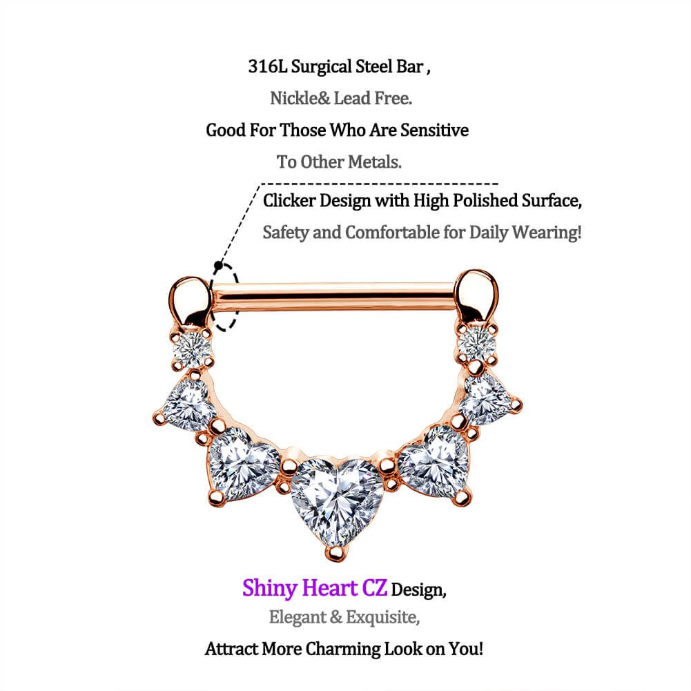 2pcs 14G Rose Gold Surgical Steel CZ Nipple Clicker Jewelry - OUFER BODY JEWELRY