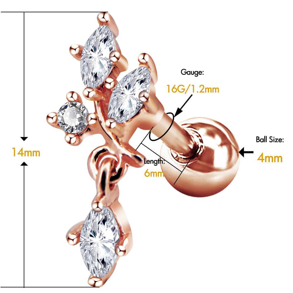 16G Clear CZ Dangle Dendriform Silver and Rose Gold Helix Studs - OUFER BODY JEWELRY