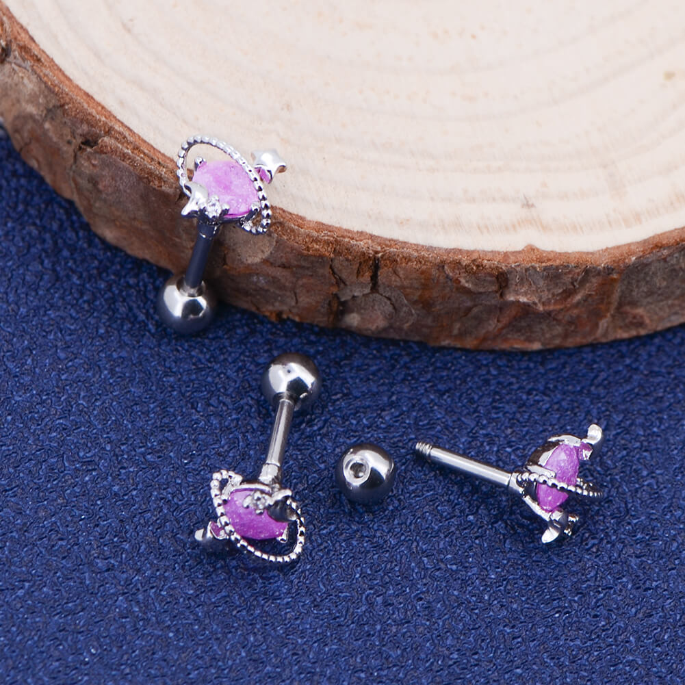 16G Pink Gemstone Silver and Rose Gold Planet Barbell Helix Stud - OUFER BODY JEWELRY