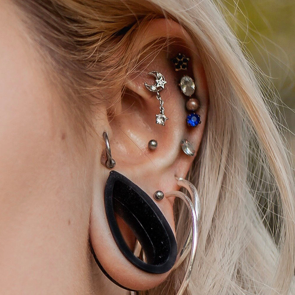 16G CZ Dangle Moon and Star Rose Gold Cartilage Stud - OUFER BODY JEWELRY