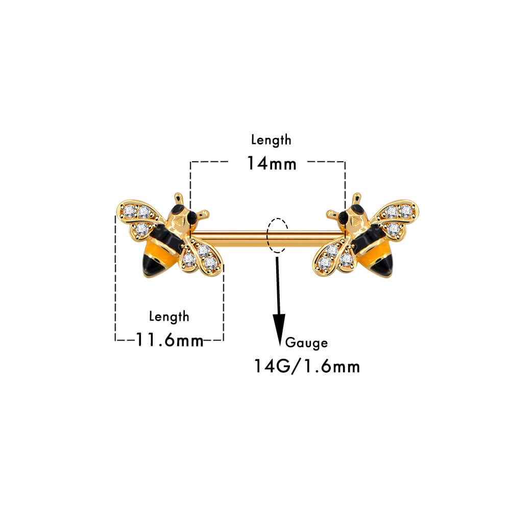 14G Crystal CZ Golden Honeybee Nipple Barbell Jewelry - OUFER BODY JEWELRY