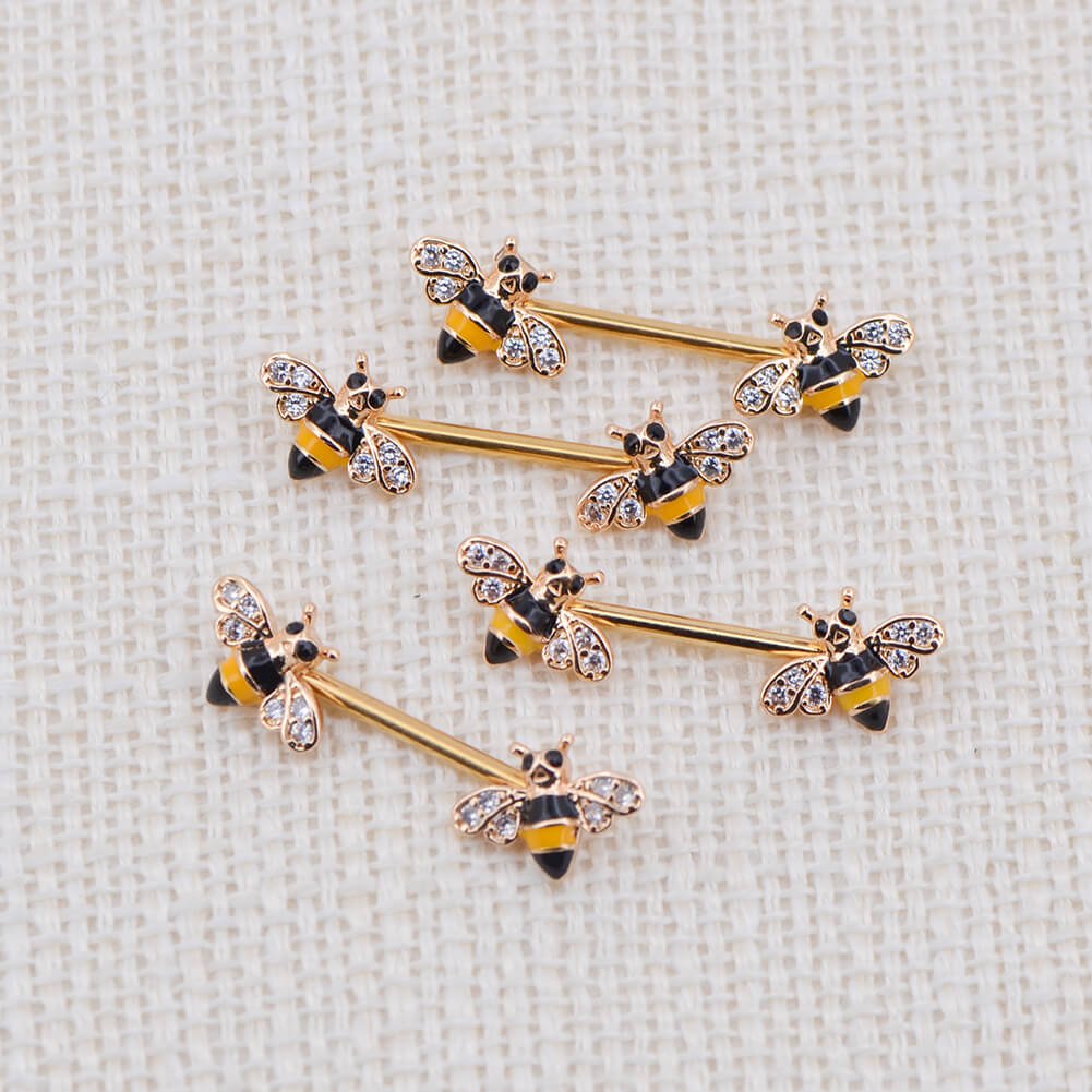 14G Crystal CZ Golden Honeybee Nipple Barbell Jewelry - OUFER BODY JEWELRY
