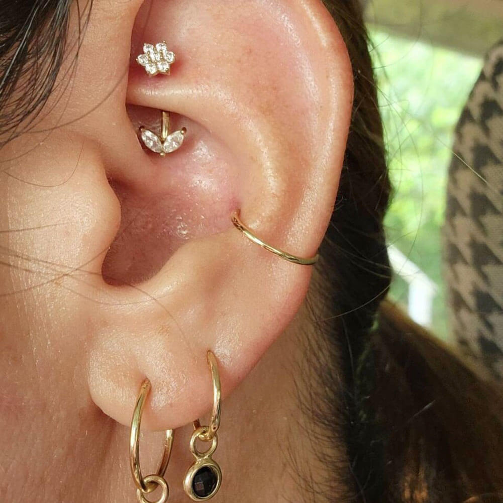 14K Gold CZ Flower Leave Rook Earring