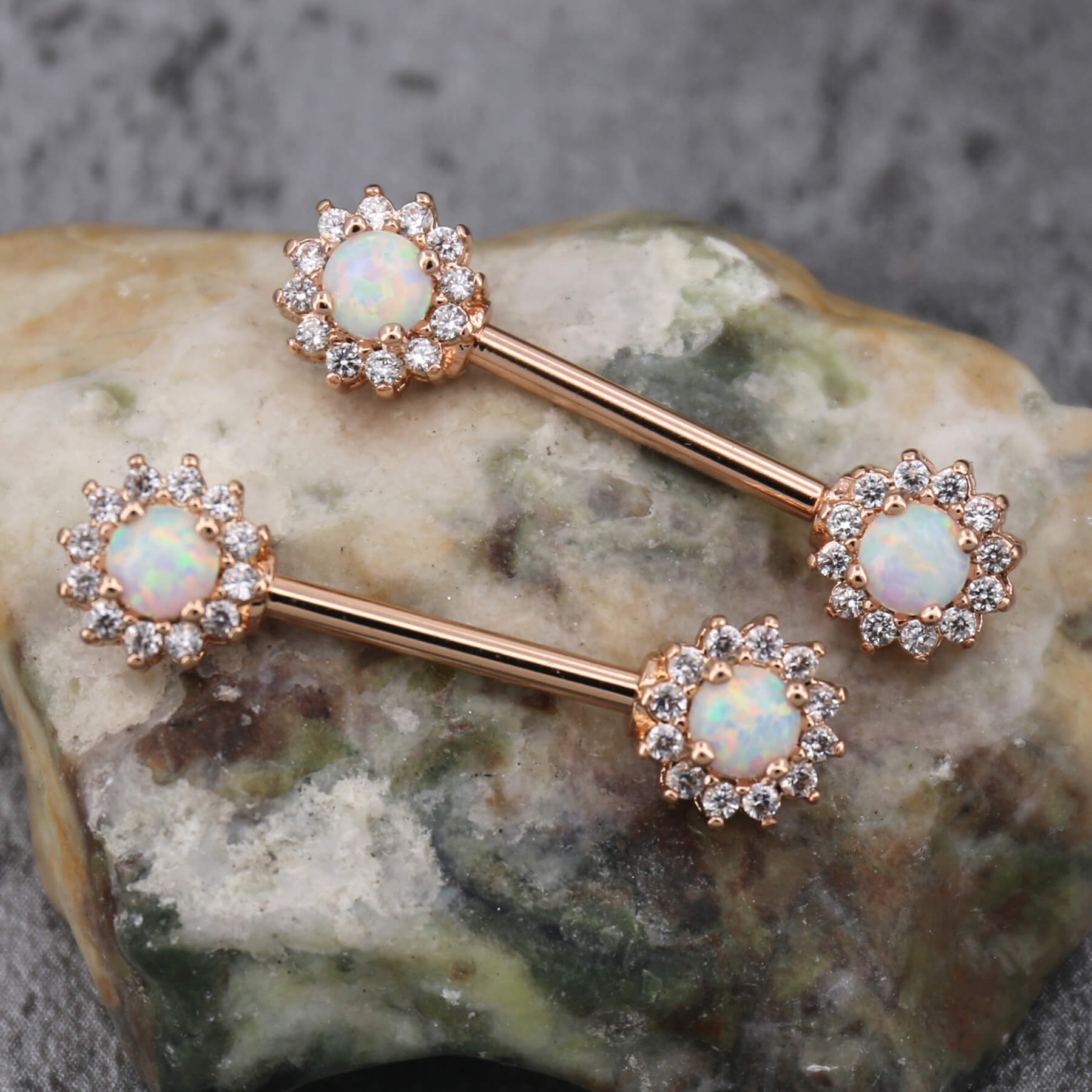 14G 316L Stainless Steel Barbell CZ Surrounded Opal Nipple Rings - OUFER BODY JEWELRY