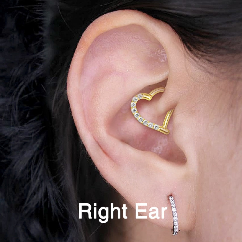 14K Gold CZ Heart Shaped Daith Earring