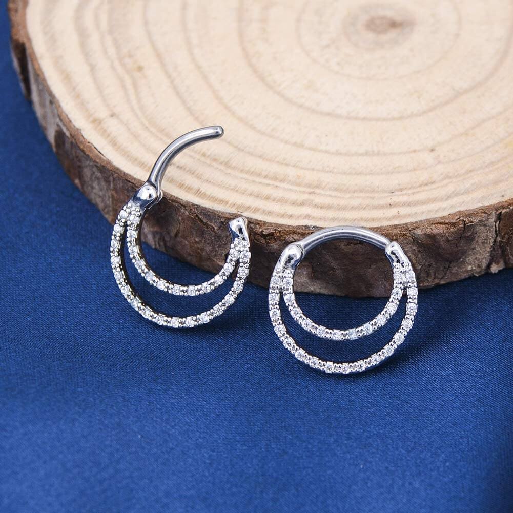 16G CZ Double Loop Daith Earrings Septum Clicker - OUFER BODY JEWELRY