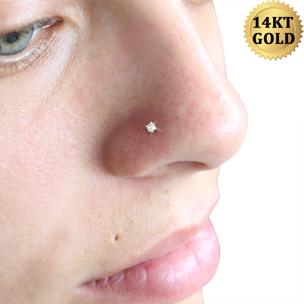 20G CZ 14K Real Gold Screw Nose Stud - OUFER BODY JEWELRY