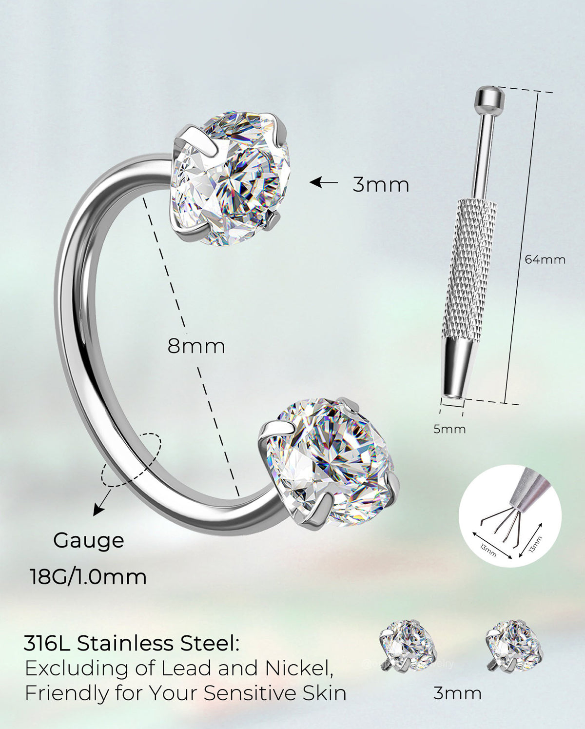 Horseshoe CZ Nostril Hoop With Tool Set