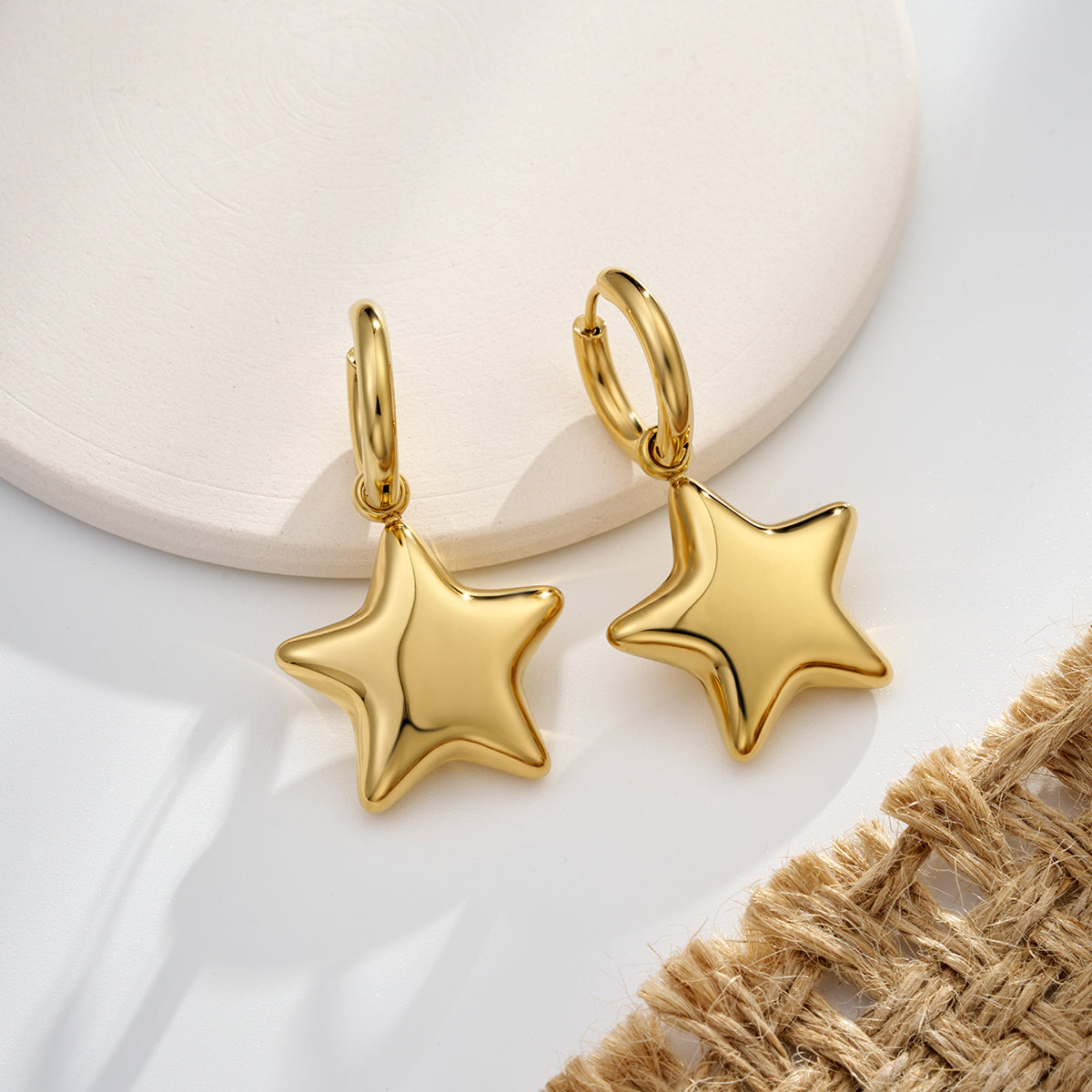 Oufer Stainless Steel Water Safe Bubble Star Hand Polish Charm Dropped Hoop Earring