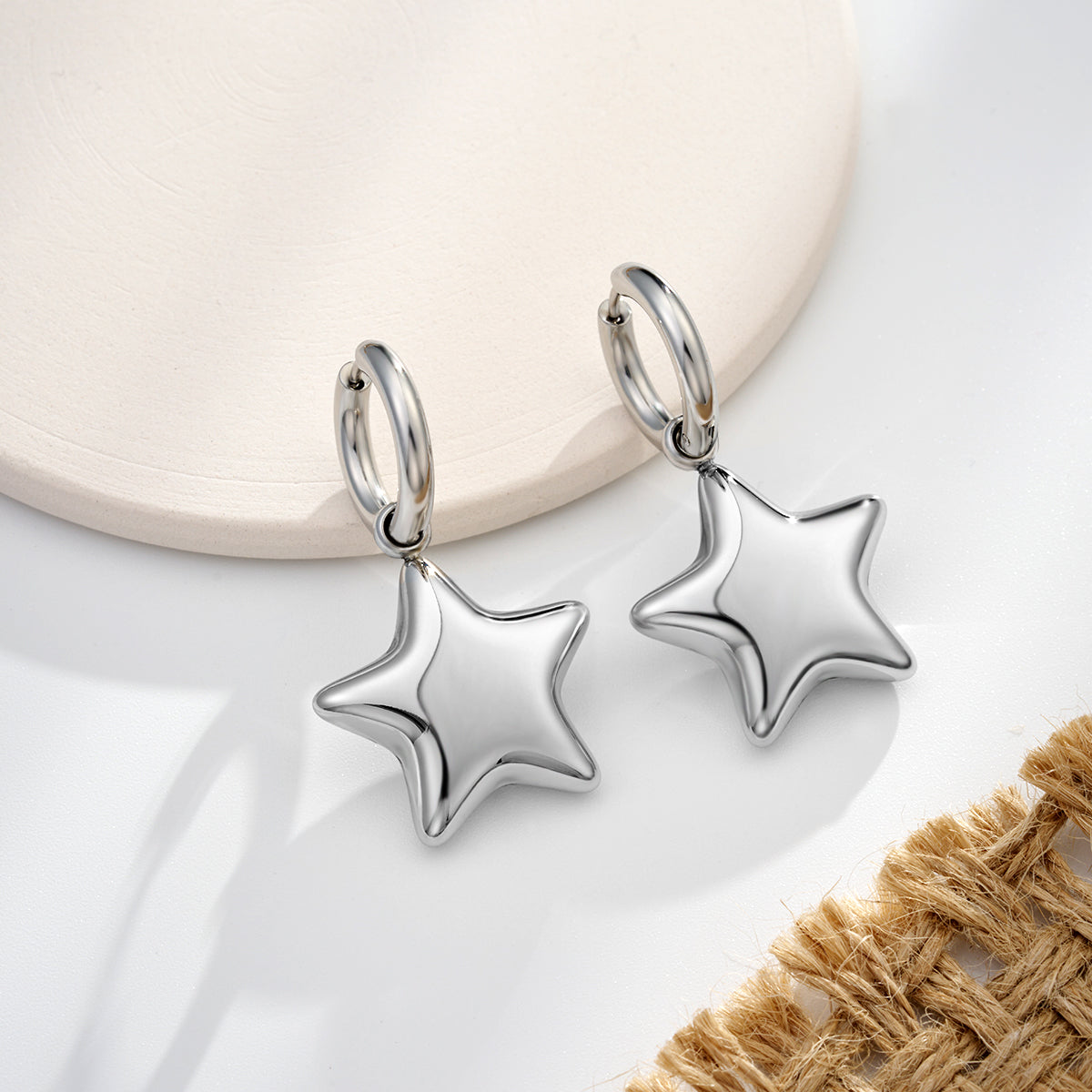 Oufer Stainless Steel Water Safe Bubble Star Hand Polish Charm Dropped Hoop Earring