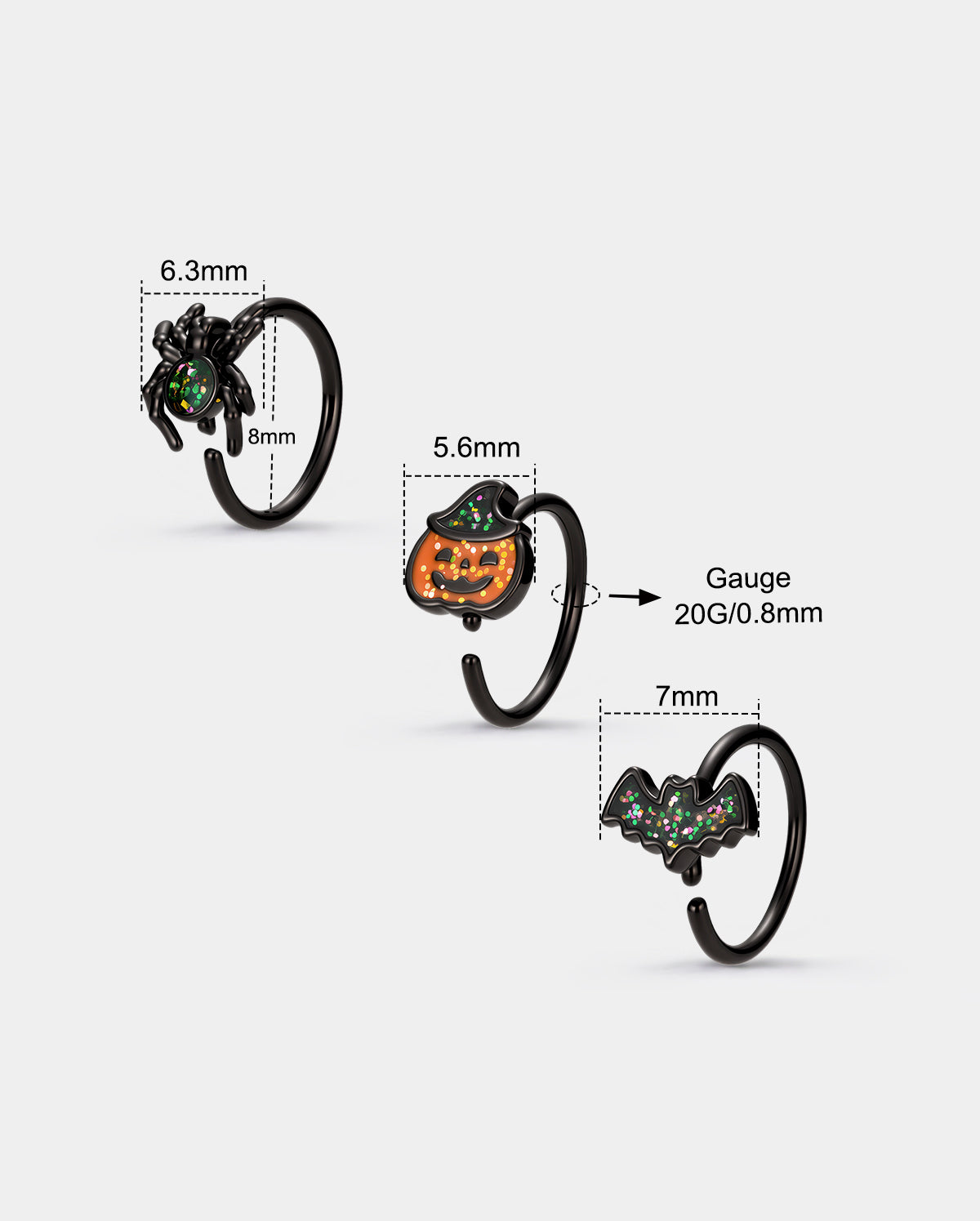3PCS Bat Pumpkin Spider Glitter Seamless Nostril Hoop Set