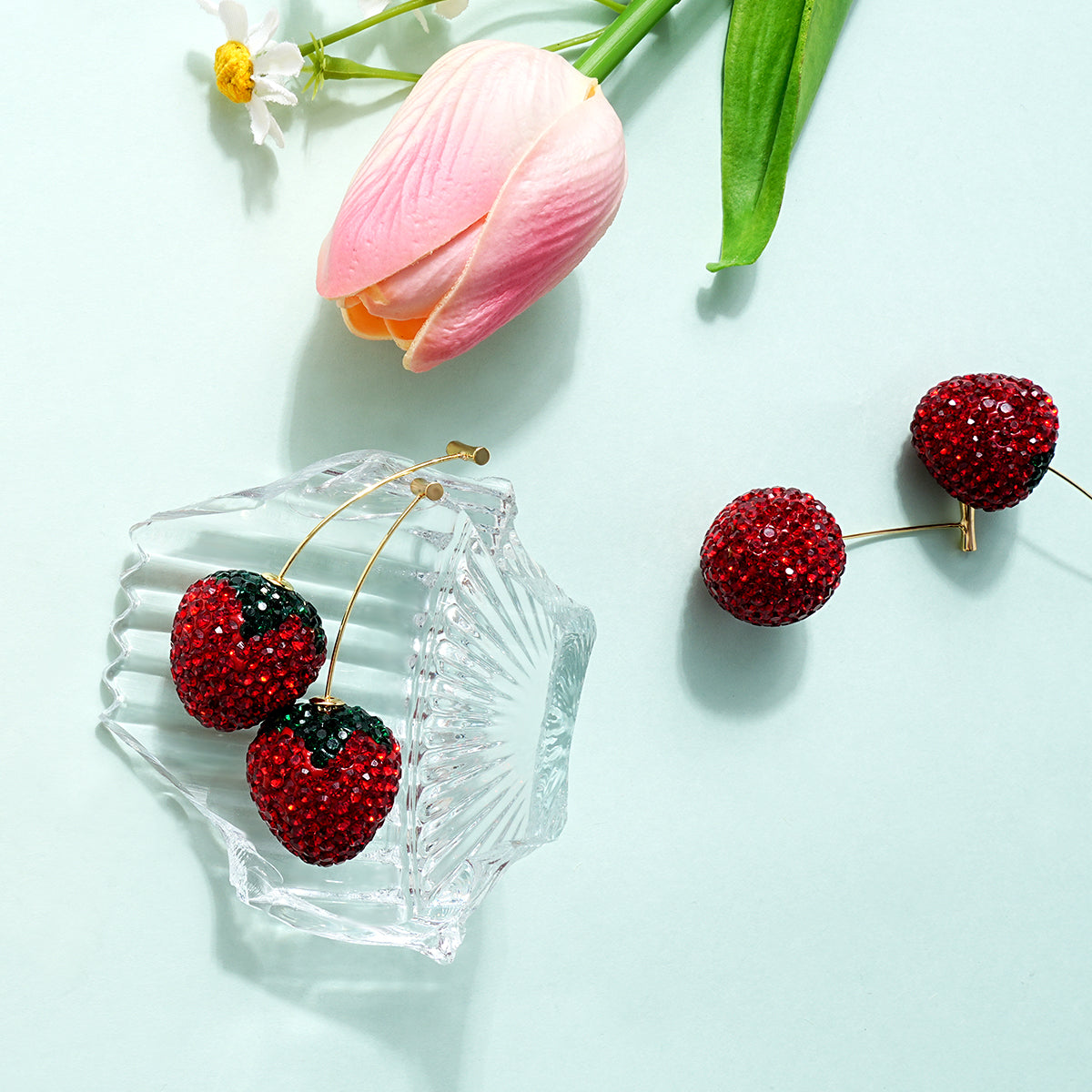 Oufer Strawberry Fruit Threadless Push In Drop Earring