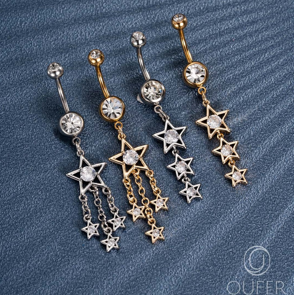 14G Three CZ Stars Dangle Belly Button Ring