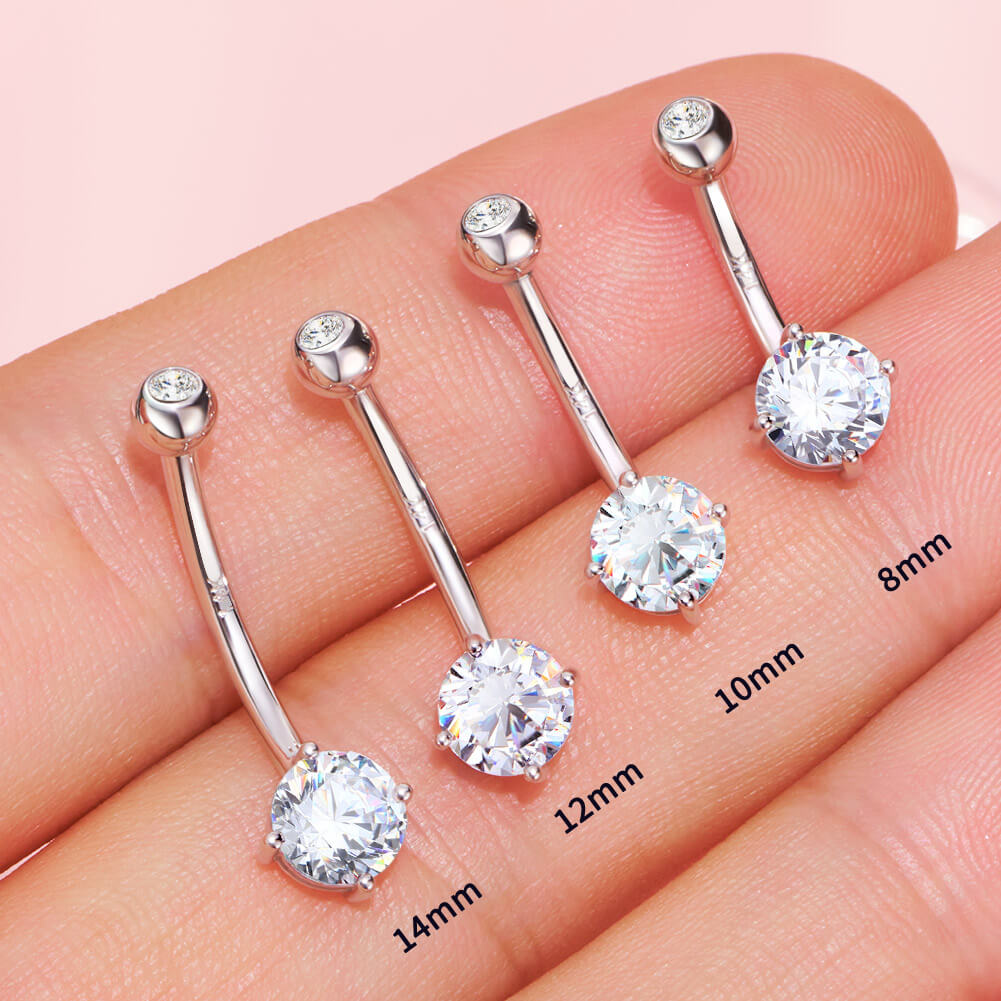14K White Gold Navel Ring Round Solitaire CZ 14G Belly Button Rings