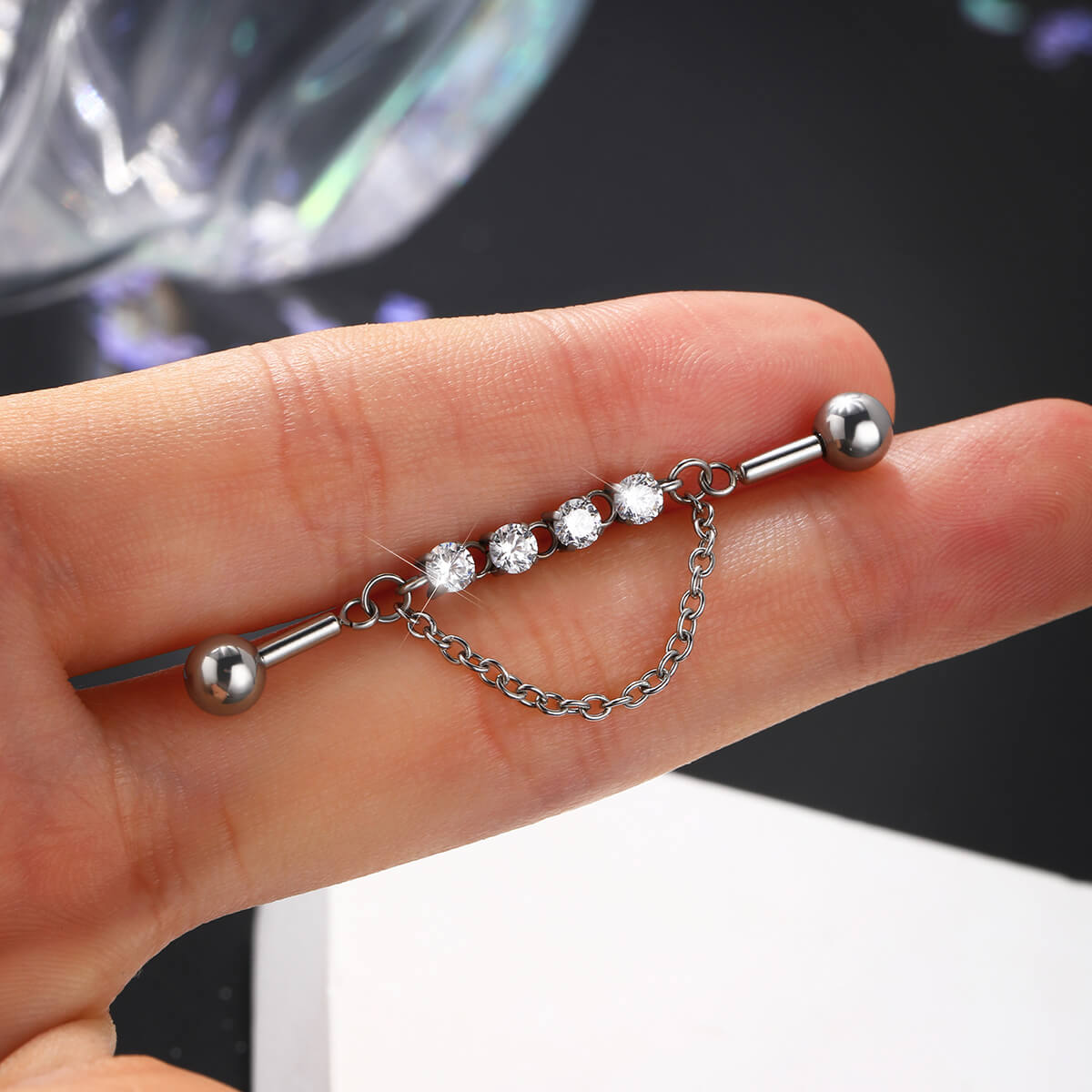 shiny chain industrial piercing barbell