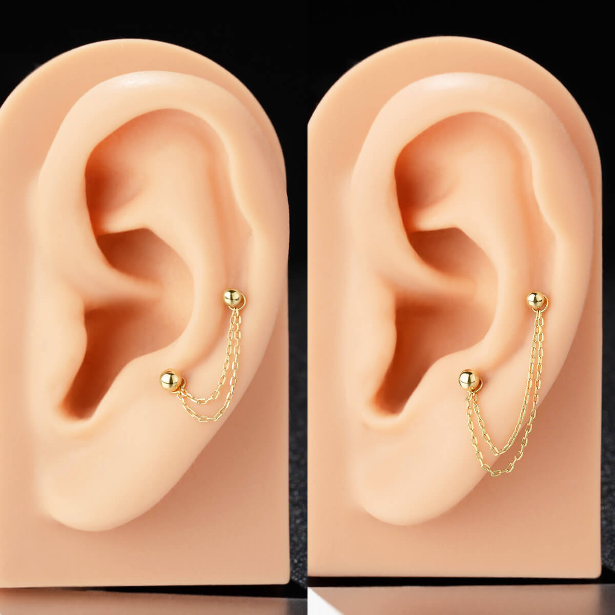 14K Solid Gold Double Chain Cartilage Earring