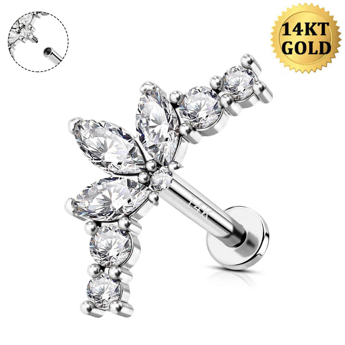 14k white gold flower petal cartilage stud 