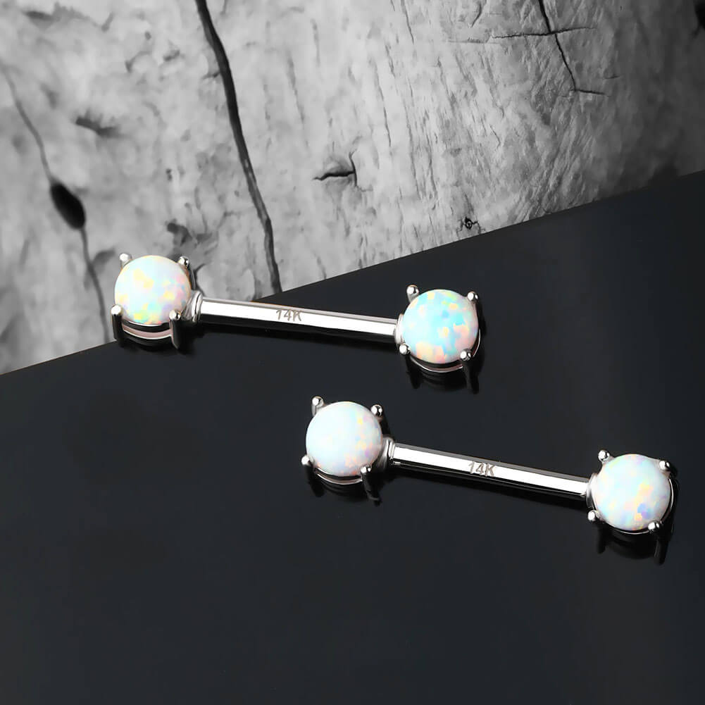 14K White Gold Nipple Ring 2PCS Set Opal Nipple Piercing Barbell