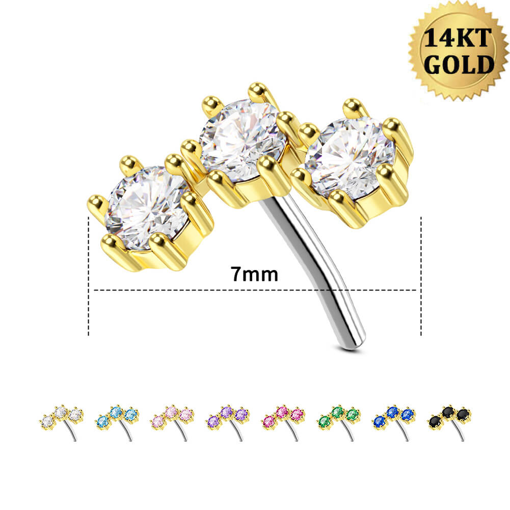 14K Gold Triple CZ Threadless Helix Earring