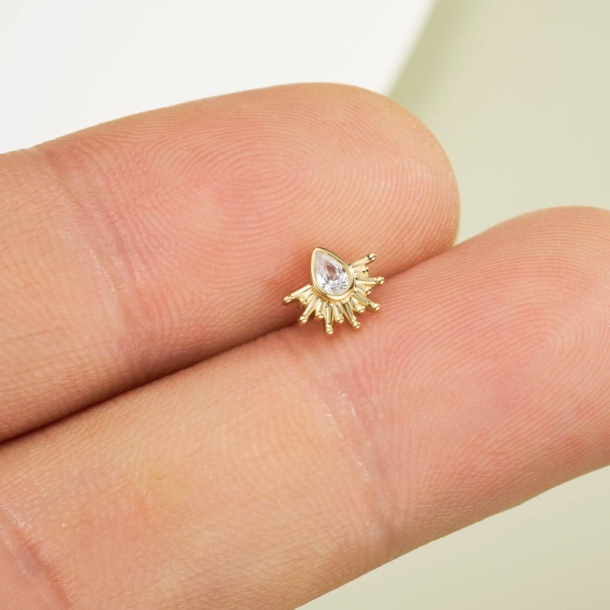 14K Solid Gold Marquise CZ Sunburst Push Pin Cartilage Nose Stud