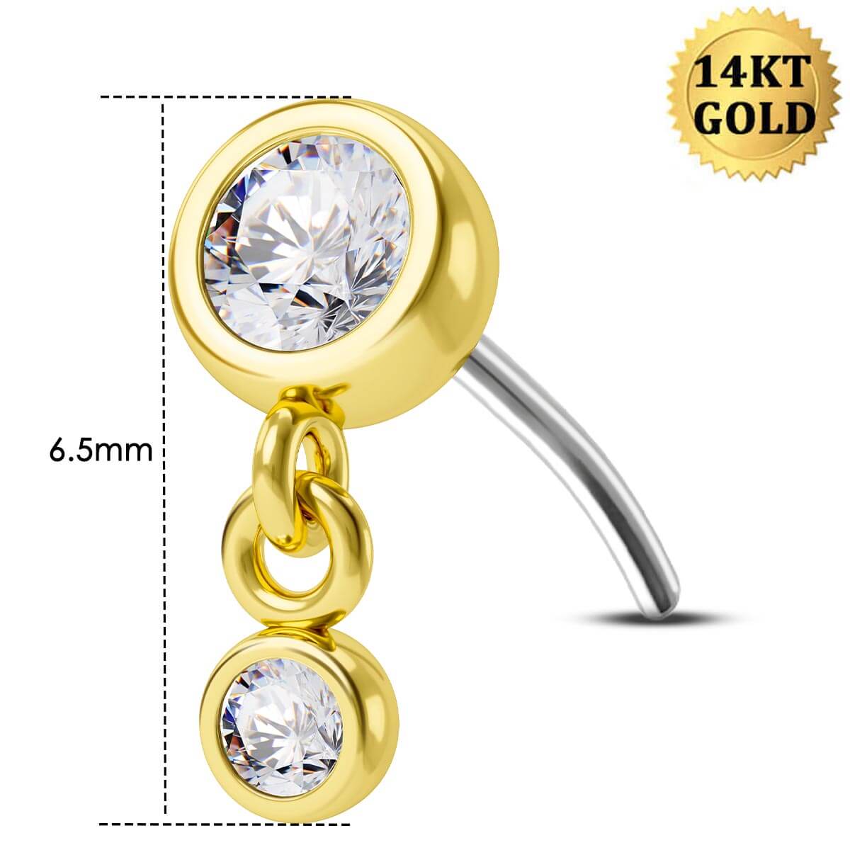 14K Gold CZ Bead Dangle Threadless Nose Stud