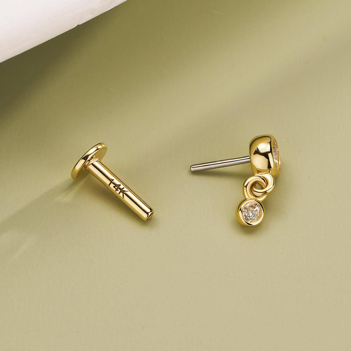 14K Solid Gold 16G Elegant CZ Bezel Push Pin Earing Stud