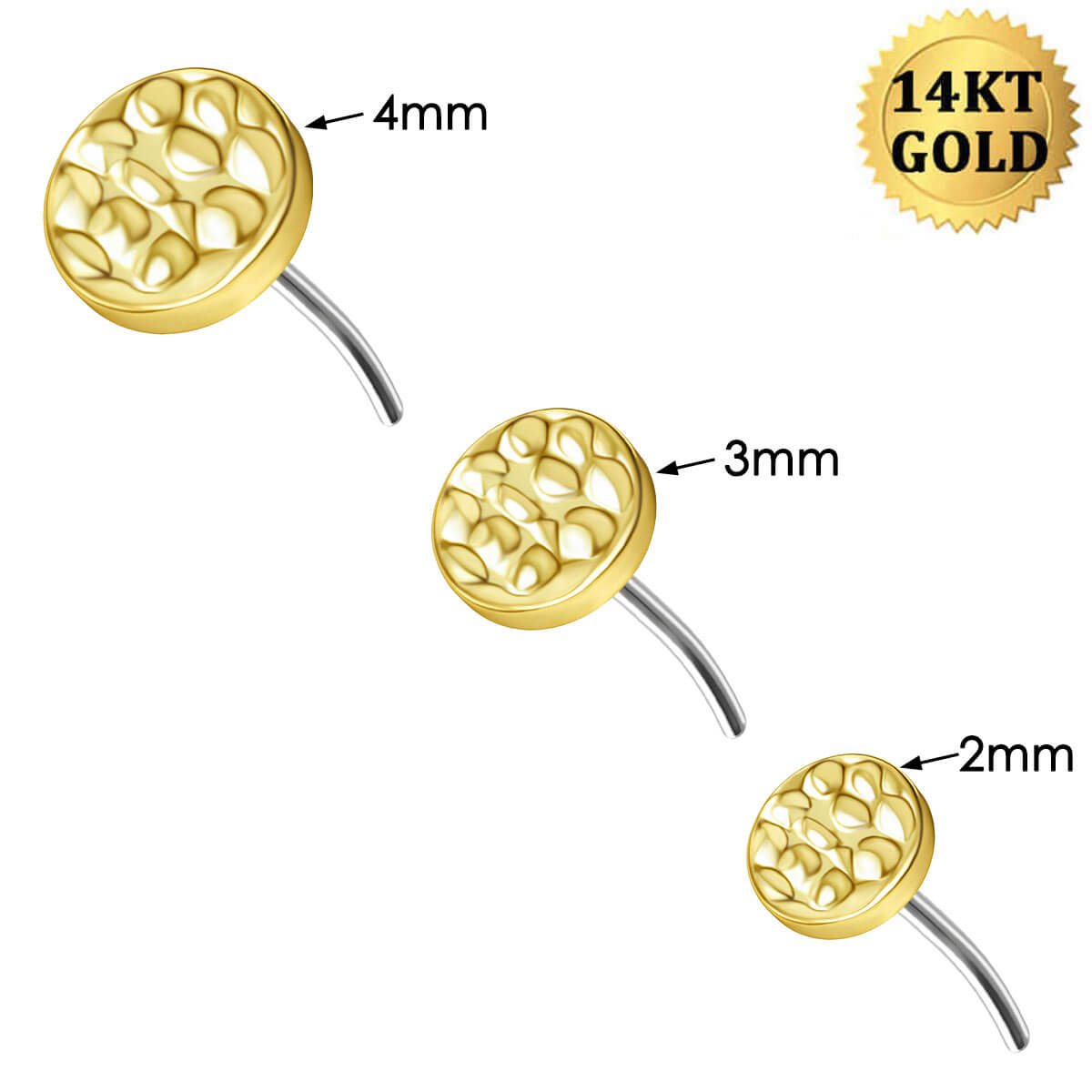 14K Solid Gold Hammered Disc Top Push Pin Cartilage Stud