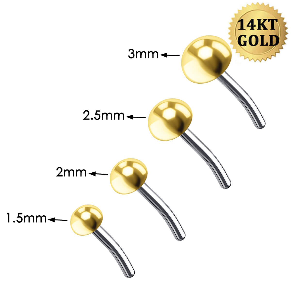 14K Solid Gold 16/18G Half Ball Push Pin Stud