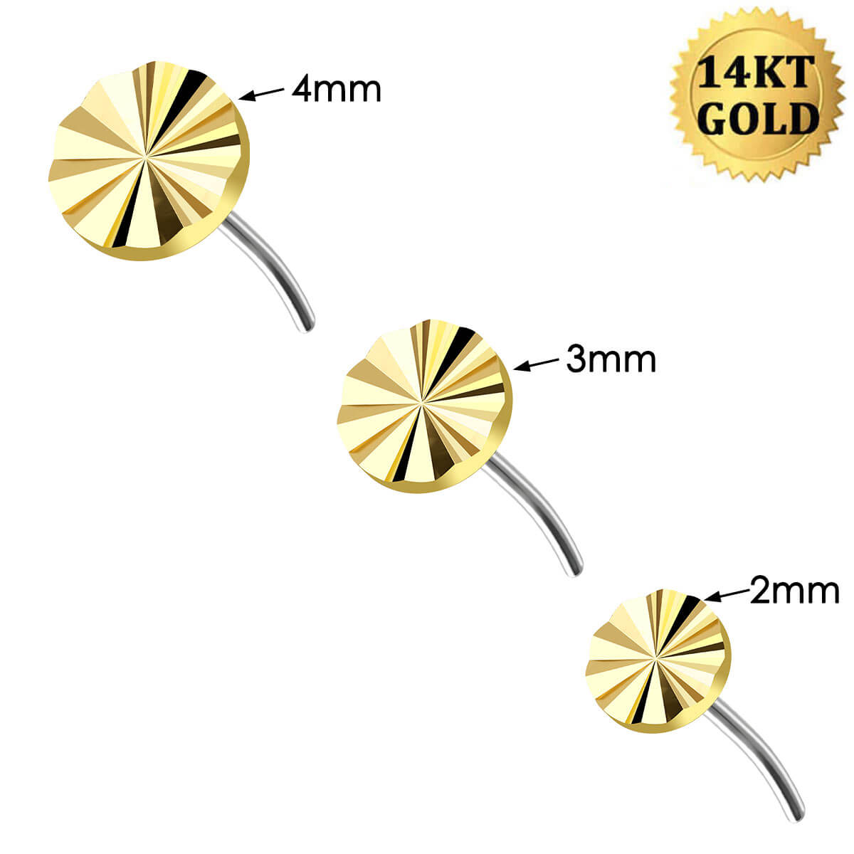 14K Solid Gold Ray of Light Disc Top Push Pin Cartilage Stud