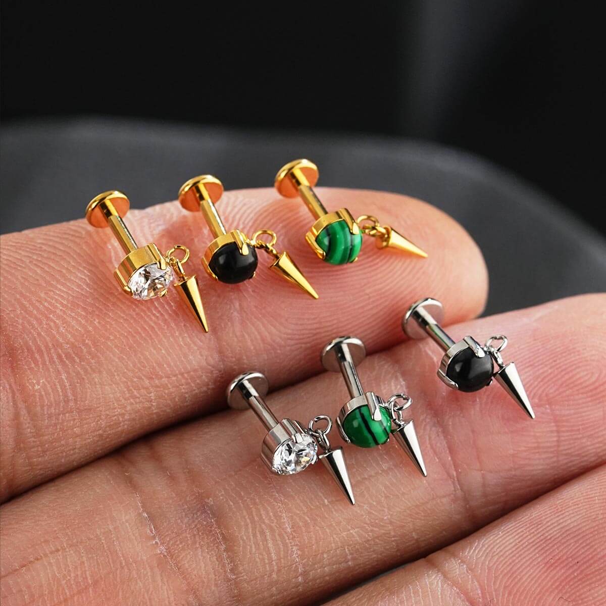 Internally Threaded Spike Dangle Stone Top Cartilage Stud