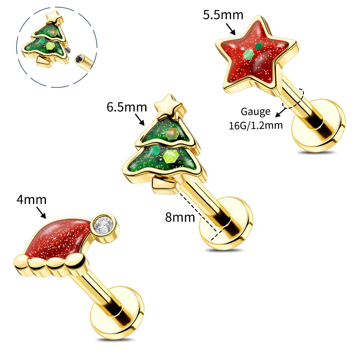 16g christmas cartilage earrings