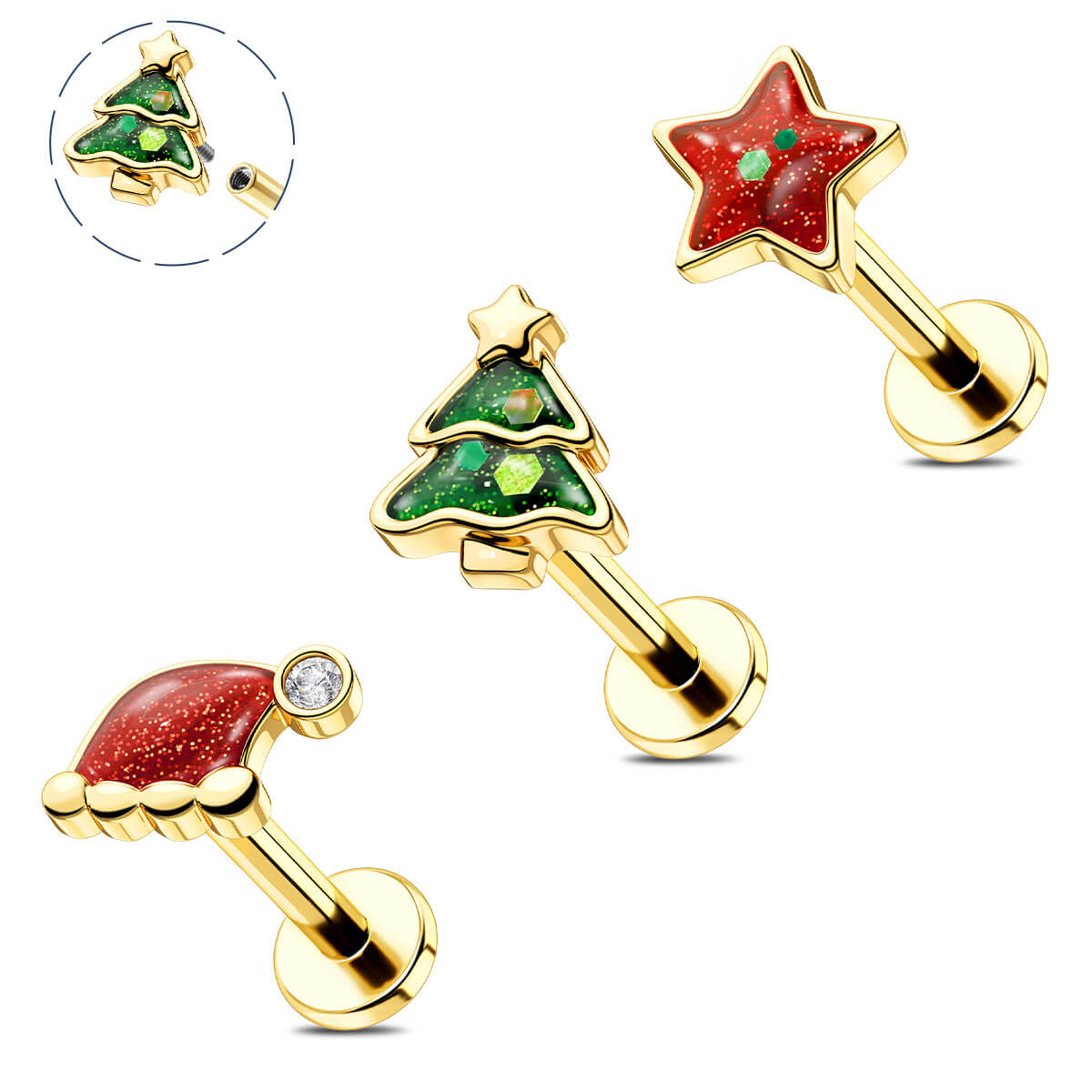 internally threaded christmas cartilage earrings