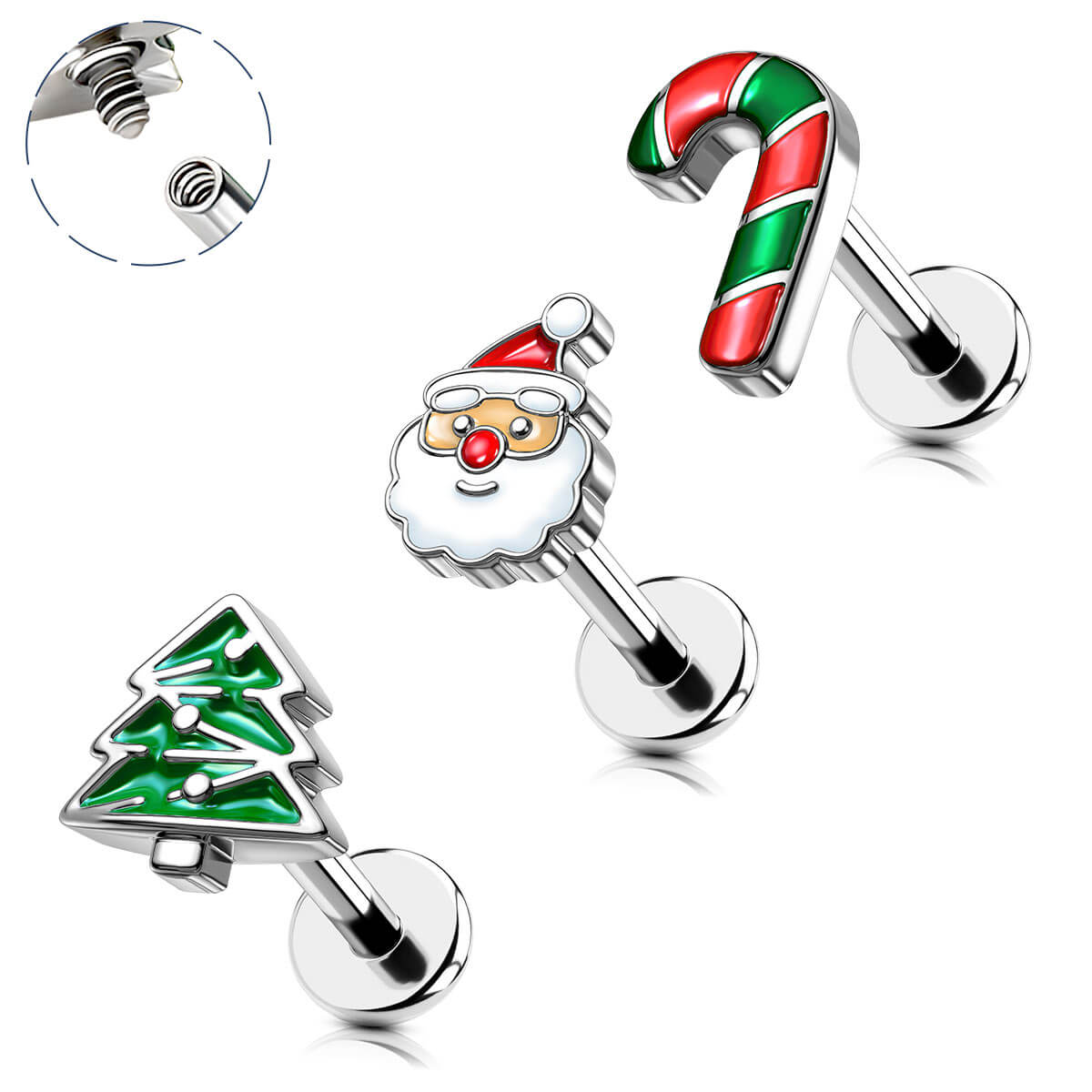 internally threaded christmas cartilage earrings